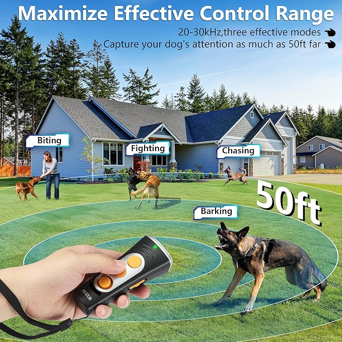 MODUS 2025New Anti Barking Device, 4X Ultrasonic Emitters Dog Bark Deterrent Device, Rechargeable Handheld Dog Barking Control Devices Dog Training&Behavior Aids with 50ft Range Indoor Outdoor