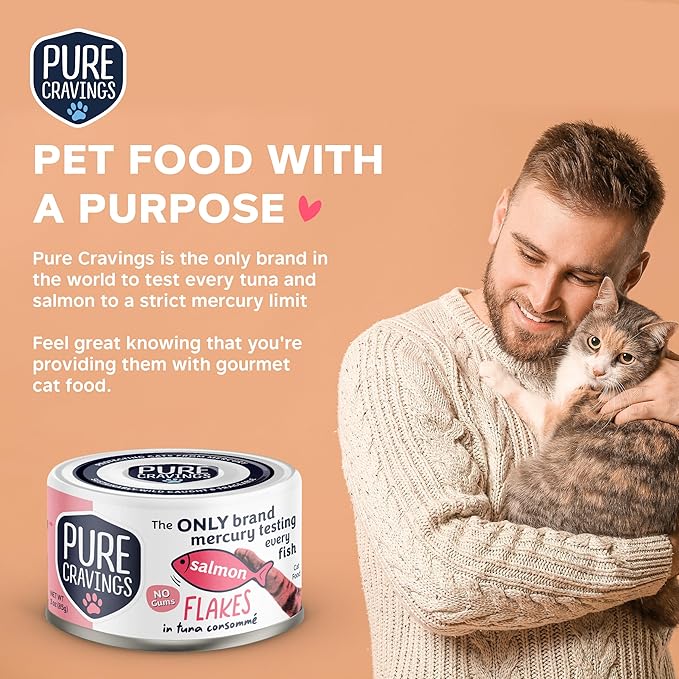 Pure Cravings Salmon Flakes in Tuna Consommé, Canned Wet Cat Food Soup, 100% Mercury-Tested, Moist Can Fish, Grain-Free Protein, Non-GMO, 3oz, Pack of 12