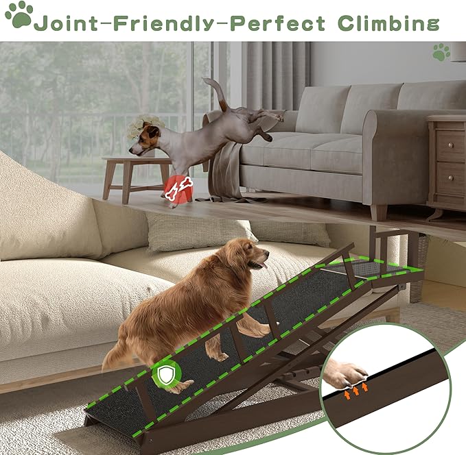 6 Level Height Adjustable Dog Ramp for Bed, Couch 65" Foldable Pet Ramp with Non-Slip Matļ¼DIY Glow Strips & Rest Platform Heavy Duty Dog Stairs for Large Dogs up to 200Lbs ļ¼Brown