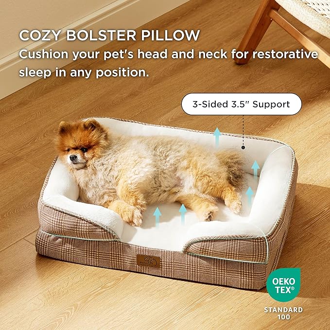 Bedsure Orthopedic Dog Beds for Small Dogs - Washable Small Dog Cat Bed Waterproof, Comfort Pet Couch Sofa with Washable Removable Cover, Pets Bed with Nonskid Bottom, Plaid-Brown, 24"
