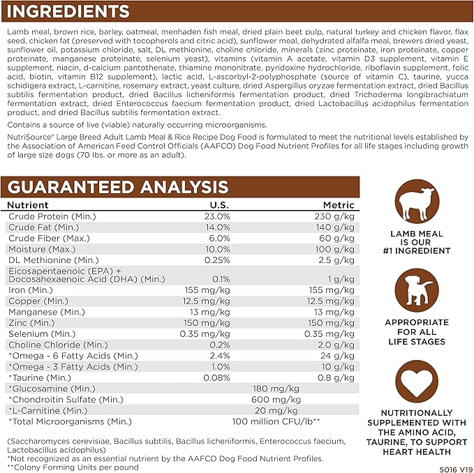 NutriSource Adult Dog Food, Made with Lamb Meal and Rice, Large Breed, with Wholesome Grains, 30LB, Dry Dog Food