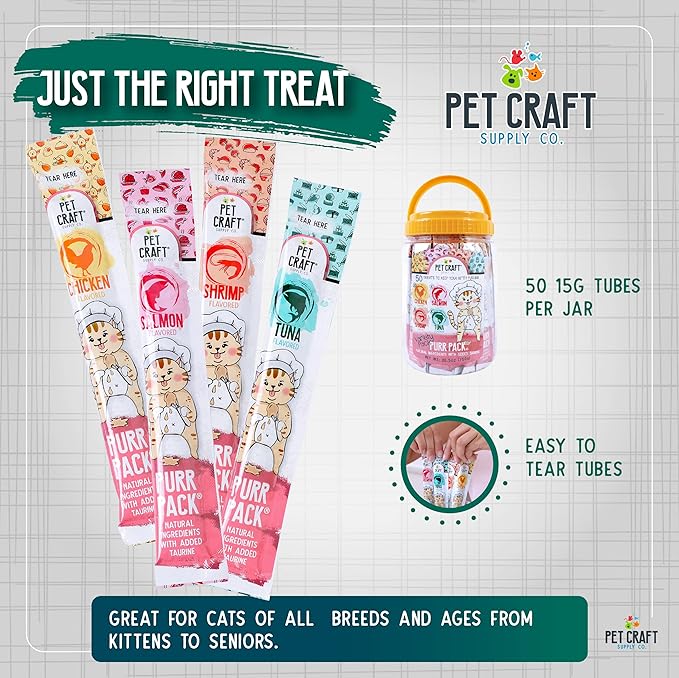Pet Craft Supply Lickable Cat Treats Variety Pack (Salmon, Shrimp, Tuna, Chicken) 50ct Tub, Squeezable Tubes High Protein Cat Puree Wet Food or Food Topper
