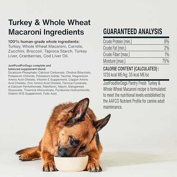 JustFoodForDogs Pantry Fresh Wet Dog Food Complete Meal or Dog Food Topper, Turkey & Whole Wheat Macaroni Human Grade Dog Food Recipe - 12.5 oz (Pack of 12)