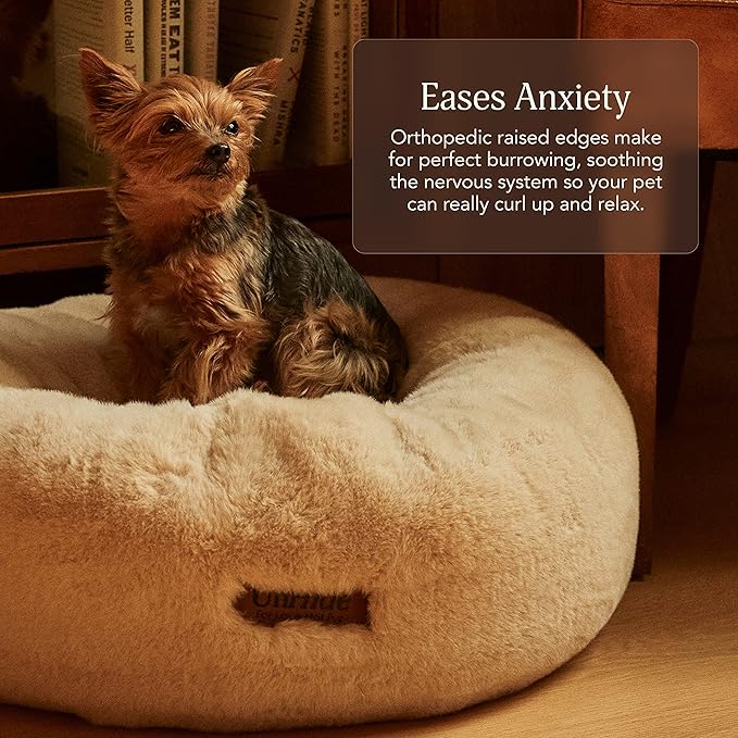 UnHide Floof Pet Bed - Small (23" x 8") - Extra Soft Dog Bed - Removable Faux Fur Cover - Machine Washable - Helps Ease Pet Anxiety & Provides The Perfect Sleep - Taupe Ducky