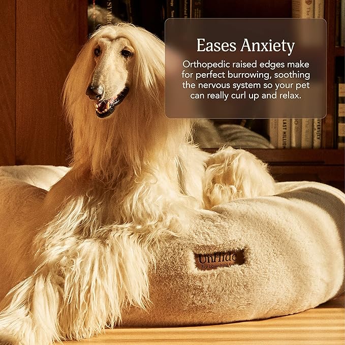 UnHide Floof Pet Bed - Large (35" x 12") - Extra Soft Dog Bed - Removable Faux Fur Cover - Machine Washable - Helps Ease Pet Anxiety & Provides The Perfect Sleep - Taupe Ducky