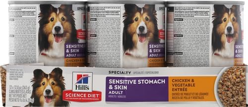 Hill's Science Diet Sensitive Stomach & Skin, Adult 1-6, Stomach & Skin Sensitivity Support, Wet Dog Food, Chicken & Vegetables Loaf, 12.8 oz Can, Case of 12