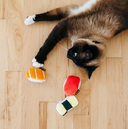P.L.A.Y. Cute Cat Toys - Feline Frenzy Sushi Food Themed Catnip Filled Toy, Great for Adult Cats and Kittens - Machine Washable, Double Stitched, Recycled Materials, Crinkles (Sassy Sushi, Set of 3)