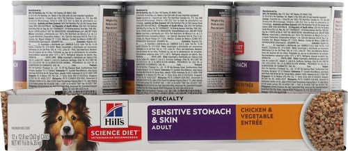 Hill's Science Diet Sensitive Stomach & Skin, Adult 1-6, Stomach & Skin Sensitivity Support, Wet Dog Food, Chicken & Vegetables Loaf, 12.8 oz Can, Case of 12