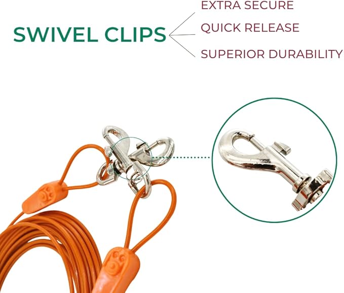 40FT Tie-Out Cables for Dogs - Strong, Safe, and Durable Dog Tie-Outs for Small Dogs up to 125 Pounds - Weather and Wear Resistant Galvanized Aircraft Cable for Outside Use