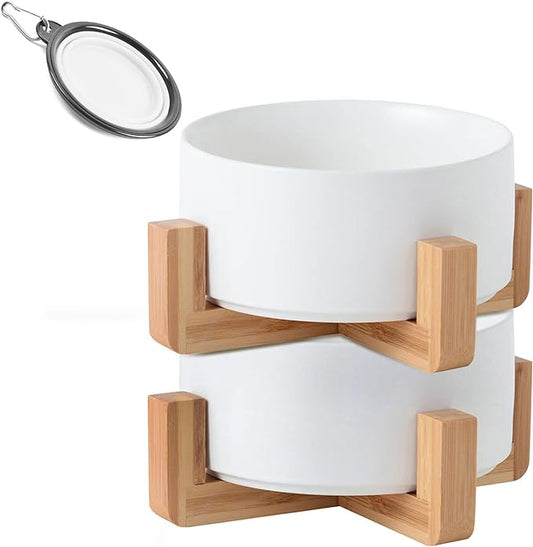 Petygooing White Ceramic Cat Dog Bowl Set with Stand,Small Dog Bowls,Pet Food and Water Dish, Anti Slip Set of 2 Cat Bowls Pet Food Bowl- Pet Dish Small Size Pet (13.5OZ/5.1 in)
