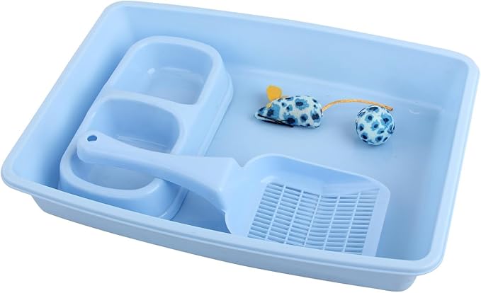 PAWISE Cat Litter Box Set, Small Cat Kitten Starter Kit, Include Cats Toilet Kitten Litter Pan, Cat Litter Scoop, Double Dish Cat Bowl, Cat Mouse Toy, Cat Ball Toy