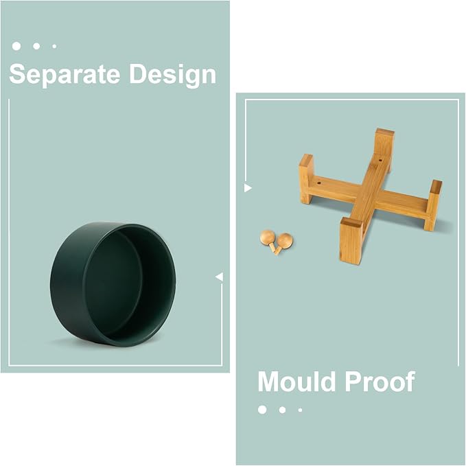 SPUNKYJUNKY 15° Slanted Ceramic Dog and Cat Bowl with Wooden Stand, Tilted Bulldog Food and Water Bowl No Slip Non-Spill for Cats Medium Dogs Big Face Pets 28.7 OZ (3.6 Cups, Green)