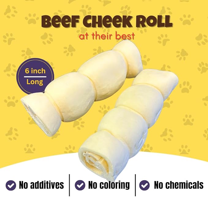 Woofley's 5-6" Buffalo Beef Cheek Roll -(100 Count)- Beef Cheek Rolls for Dogs - Long Lasting Natural Dog Chews
