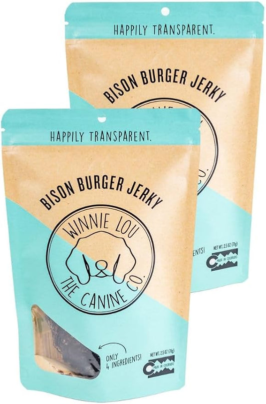 Winnie Lou Bison Burger Jerky Dog Treats – Limited Ingredient, Human Grade, Training Treats for Small, Medium & Large Dogs, Made in USA (2 Pack)