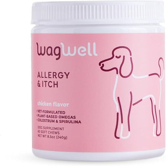 WagWell Allergy and Itch Chews – Chicken Flavored – Plant Based with Colostrum and Spirulina – Dog Skin and Coat Supplement for Itch Relief and Digestive Health, 60 Chews