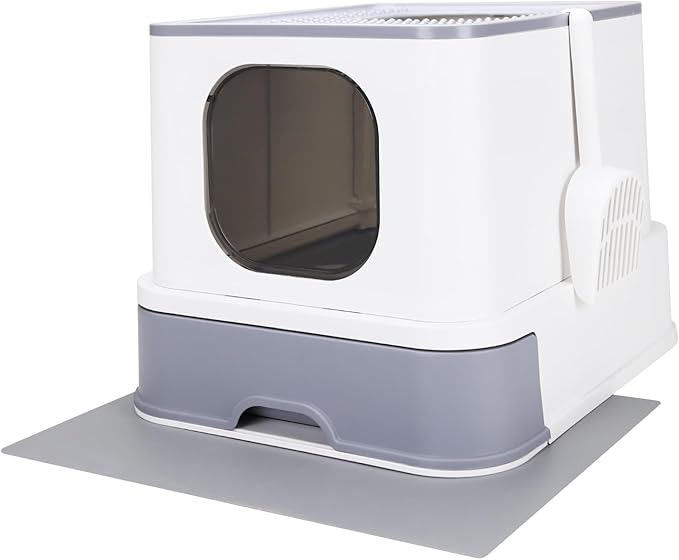 RIZZARI Cat Litter Box Stainless Steel Top-Entry : Leak-Proof Enclosed Design Reduces Odor, for Indoor Cats & Owners (White)