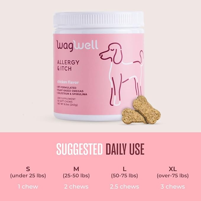 WagWell Allergy and Itch Chews – Chicken Flavored – Plant Based with Colostrum and Spirulina – Dog Skin and Coat Supplement for Itch Relief and Digestive Health, 60 Chews