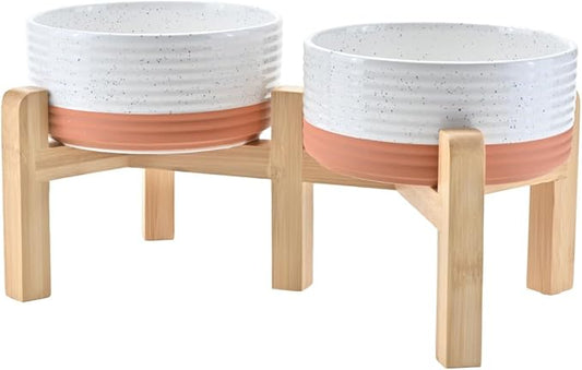 SPUNKYJUNKY Elevated Dog Bowls Ceramic, 6.1'' Dogs and Cat Food Water Bowls Raised with Non-Slip Bamboo Stand for Medium Sized Breed Microwave Dishwasher Safe - 28.7 OZ,Pattern White