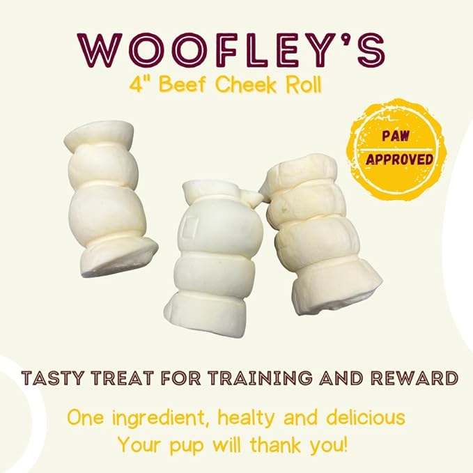 Woofley's 4" Buffalo Beef Cheek Roll -(100 Count)- Beef Cheek Rolls for Dogs - Long Lasting Natural Dog Chews