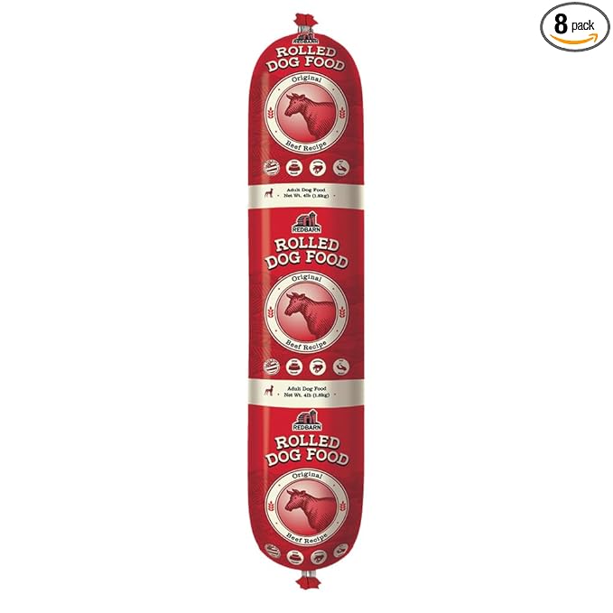 Redbarn Pet Products Premium Rolled Dog Food, Semi-Moist, Beef Recipe - High Protein Full Feed, Topper, Training Treat, or Pill Pouch - Balanced Meal with Functional Ingredients - 4 lb, 8 Rolls