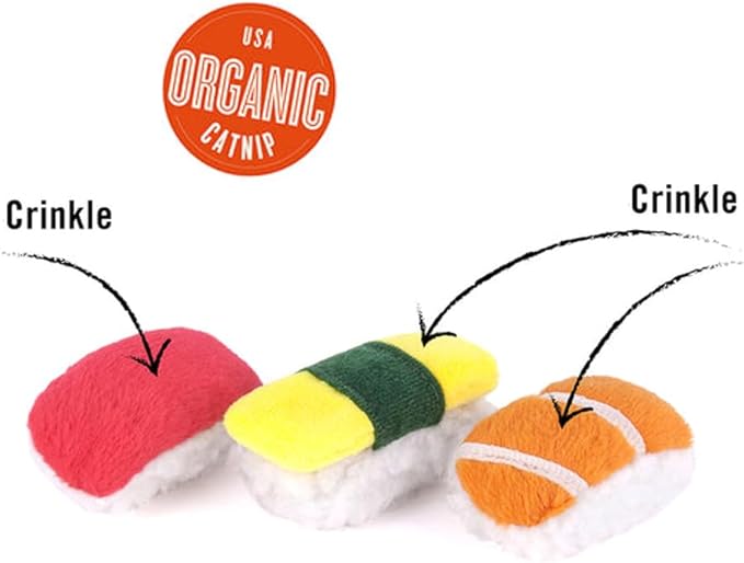 P.L.A.Y. Cute Cat Toys - Feline Frenzy Sushi Food Themed Catnip Filled Toy, Great for Adult Cats and Kittens - Machine Washable, Double Stitched, Recycled Materials, Crinkles (Sassy Sushi, Set of 3)