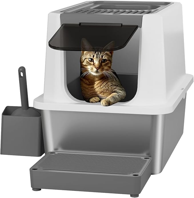 RIZZARI Stainless Steel Cat Litter Box, Odorless Enclosed Litter Box with Top Holes, Large Litter Pan for Small to Large Sized Cats (Dark Gray, 24" L*16" W*18" H)