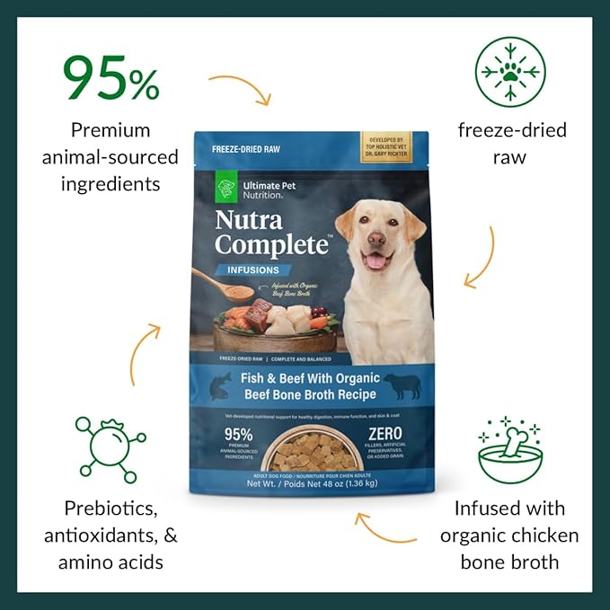 ULTIMATE PET NUTRITION Nutra Complete Bone Broth Infusions, 100% Freeze Dried Raw Veterinarian Formulated Dog Food with Antioxidants Prebiotics and Amino Acids, (3 Pound, Bone Broth Fish)