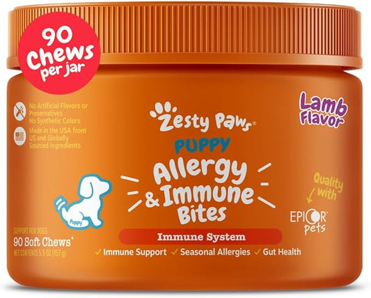 Zesty Paws Dog Allergy Relief - Anti Itch Supplement - Omega 3 Probiotics for Dogs - Digestive Health - Soft Chews for Skin & Seasonal Allergies - with Epicor Pets - Puppy - Lamb - 90 Count