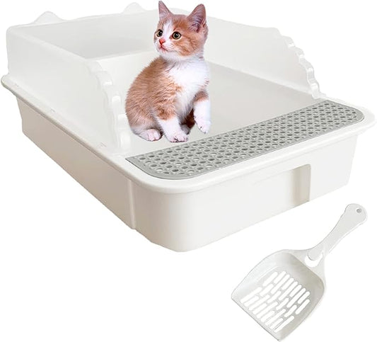 Open Cat Litter Box with High Side,Heightening Anti-Splashing Cats Litter Pan,Kitten Toilet with Litter Sifting Scoop,Semi-Enclosed Removable Kittens Litter for Easy to Clean Boxes No Odor