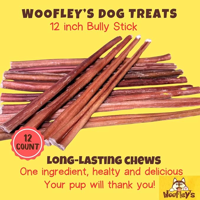 Woofley's 12" Regular Sized Buffalo Bully Sticks - (12 Count) - Bully Sticks for Dogs - Long Lasting Bully Stick Dog Chews