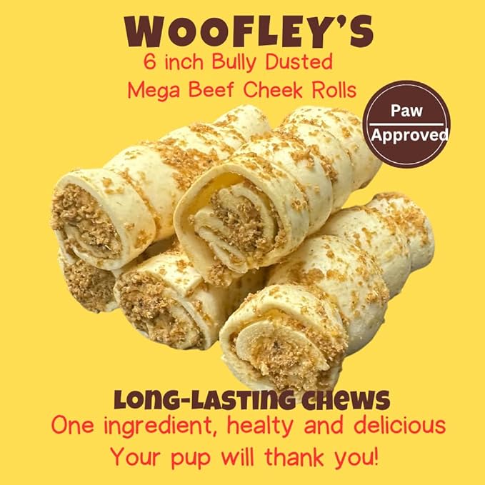 Woofley's 5-6" Bully Dusted Beef Cheek Roll - (5 Count)- Beef Cheek Rolls for Dogs - Long Lasting Natural Dog Chews