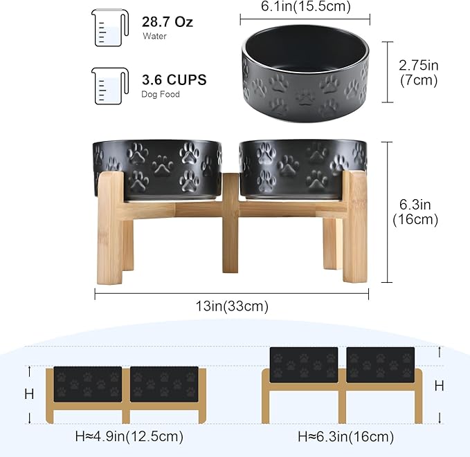 SPUNKYJUNKY Elevated Dog Bowls Ceramic, 6.1'' Dogs and Cat Food Water Bowls Raised with Non-Slip Bamboo Stand for Medium Sized Breed Microwave Dishwasher Safe - 28.7 OZ,Paw Black