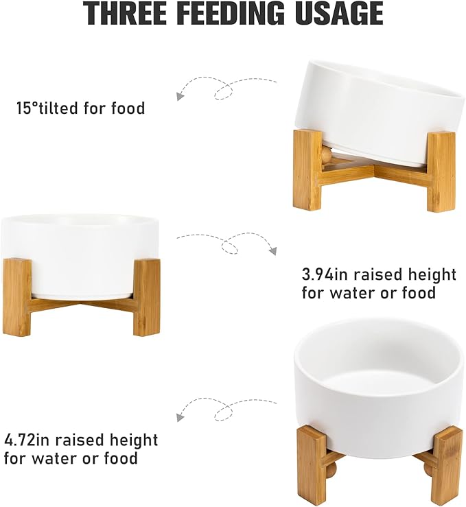 SPUNKYJUNKY 15° Slanted Ceramic Dog and Cat Bowl with Wooden Stand, Tilted Bulldog Food and Water Bowl No Slip Non-Spill for Cats Medium Dogs Big Face Pets 28.7 OZ (3.6 Cups, White)