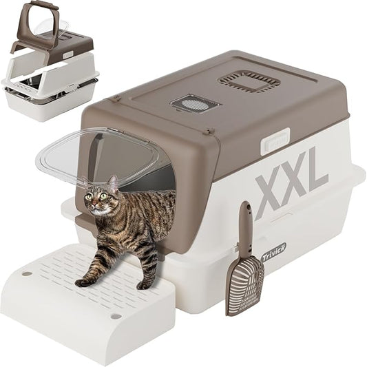 Stainless Steel Cat Litter Box with Lid, XX-Large Extra Large Litter Boxes for Large Cats,Enclosed Removable Metal Kitty Litter Box with High Sided,Magnetic Door,40L Box, Litter Trap Step/Mat