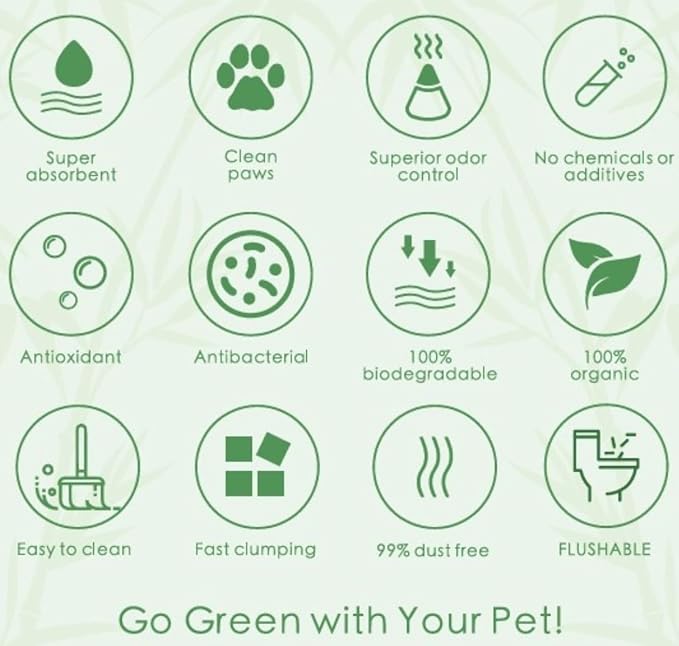 Plant-Based Bamboo Fiber Cat Litter, Green & Eco Friendly, Flushable & Resealable, Instant Clumping, Dust Free, Odor Control, 5.3Pounds, Unscented