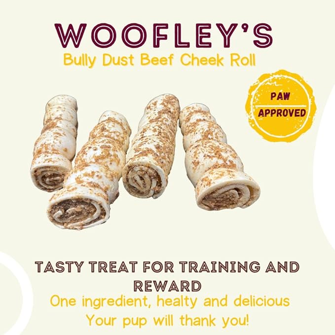Woofley's 10-12" Bully Dusted Beef Cheek Roll - (5 Count)- Beef Cheek Rolls for Dogs - Long Lasting Natural Dog Chews