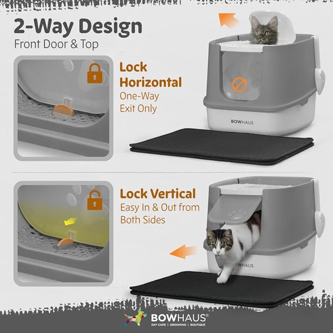 Fully Enclosed Cat Litter Box w/Lid, Scoop, Cat Mat & Odor Fitter, Large Plastic Cat Toilet with Double Door, Anti-Splashing Cat Litter Box with Lockable Front Door, Dark Grey