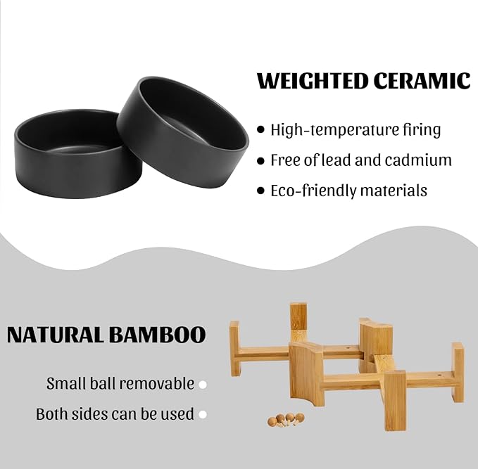 SPUNKYJUNKY 15° Slanted Ceramic Dog and Cat Bowl with Wooden Stand, Tilted Bulldog Food and Water Bowl No Slip Non-Spill for Cats Medium Dogs Big Face Pets 28.7 OZ (3.6 Cups, Black × 2)