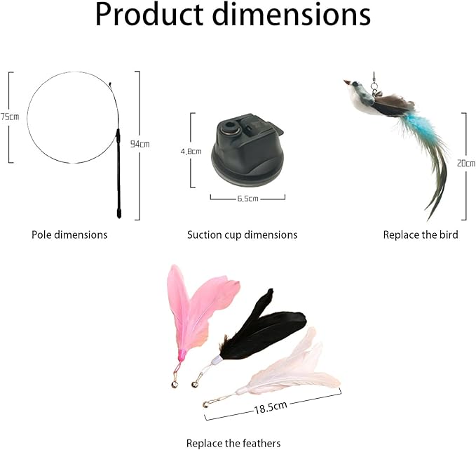 9PCS Suction Cup Cat Toy Set, Interactive Cat Toys for Indoor Cats with 2 Flexible Wands, Strong Suction Base and 3 Replacement Bird 3 Feather Toys with Bells for Kittens and Adults
