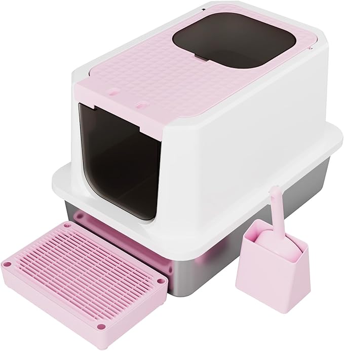 RIZZARI Stainless Steel Cat Litter Box, Enclosed Top-Entry Design, Large Capacity High-Sided Leak Proof Litter Pan for Cats, Easy Clean Pet Toilet (Pink)