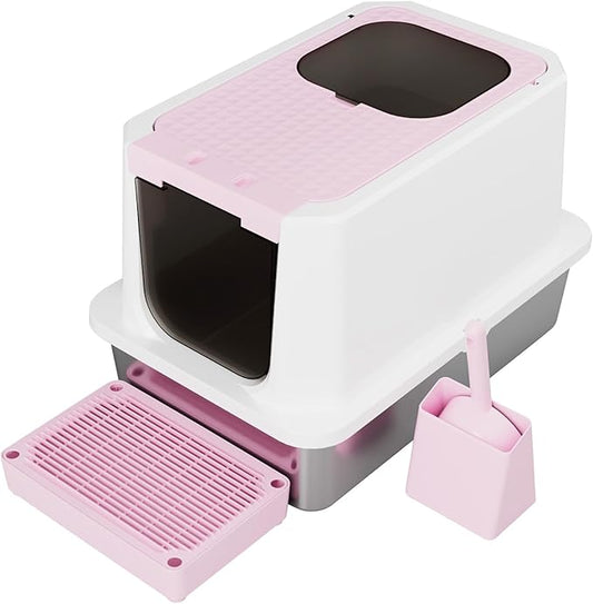 RIZZARI Stainless Steel Cat Litter Box, Enclosed Top-Entry Design, Large Capacity High-Sided Leak Proof Litter Pan for Cats, Easy Clean Pet Toilet (Pink)