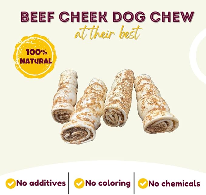 Woofley's 10-12" Bully Dusted Beef Cheek Roll - (5 Count)- Beef Cheek Rolls for Dogs - Long Lasting Natural Dog Chews