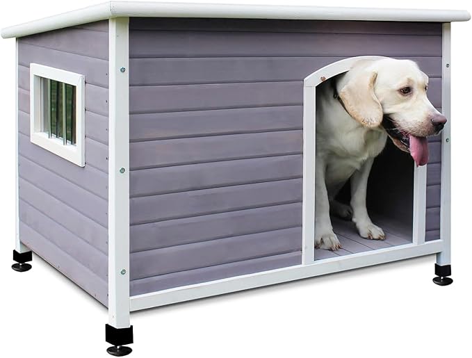33.4" Dog Houses Outdoor Indoor, Weatherproof Dog Houses Outside with Window & Door Flap Cut Wooden Dog House, Clean & Assemble Easily-Gray