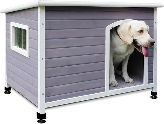 33.4" Dog Houses Outdoor Indoor, Weatherproof Dog Houses Outside with Window & Door Flap Cut Wooden Dog House, Clean & Assemble Easily-Gray