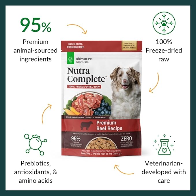 ULTIMATE PET NUTRITION Nutra Complete, 100% Freeze Dried Raw Veterinarian Formulated Dog Food with Antioxidants Prebiotics and Amino Acids (1 Pound, Beef)