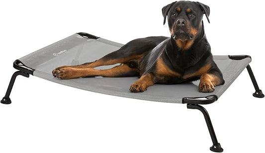 Veehoo Outdoor Elevated Dog Bed, Cooling Raised Dog Cot Bed XL, Portable Waterproof Curved Dogs Hammock Beds for Outside, up to 150lbs, Black Legs, Grey 49"