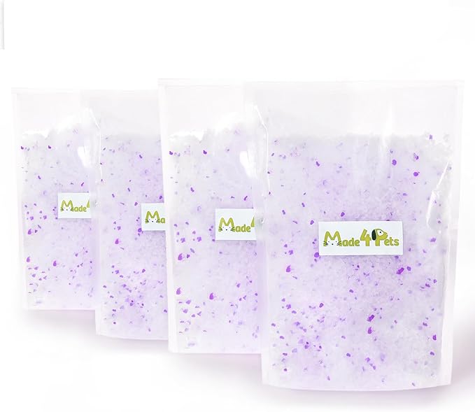 Made4Pets Cat Litter Crystals Kitty Litter Odor Control Crystal Litter Non Clumping No scooping Low Dust, Low Tracking, Lightweight, Dehydrates Waste,Lavender– 13.2 lbs (4 x 3.3 lb Packs)
