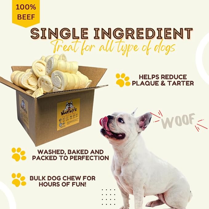 Woofley's 4" Buffalo Beef Cheek Roll -(100 Count)- Beef Cheek Rolls for Dogs - Long Lasting Natural Dog Chews