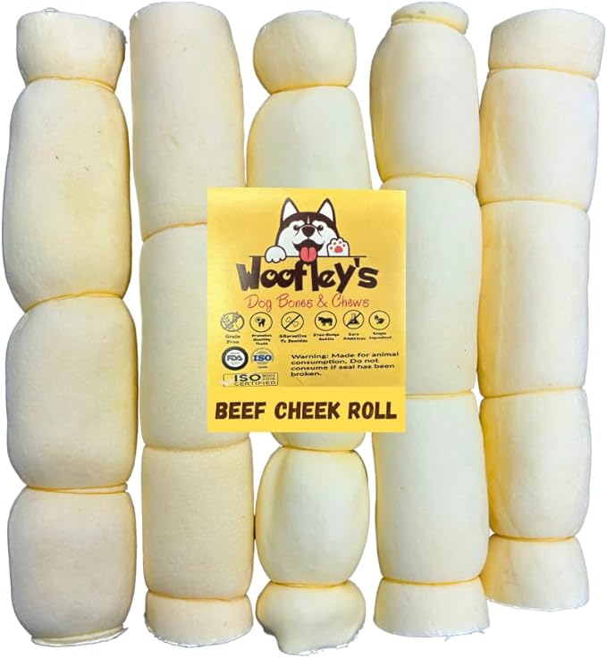 Woofley's 9-10" Buffalo Beef Cheek Roll - (5 Count)- Beef Cheek Rolls for Dogs - Long Lasting Natural Dog Chews
