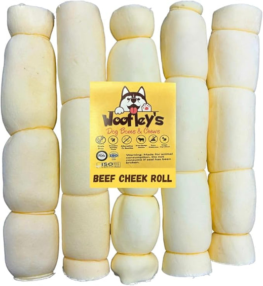 Woofley's 9-10" Buffalo Beef Cheek Roll - (5 Count)- Beef Cheek Rolls for Dogs - Long Lasting Natural Dog Chews